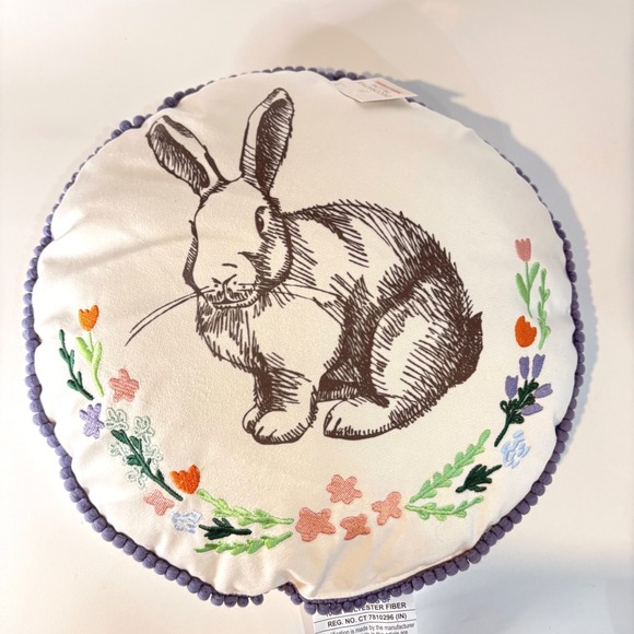 The O Boutique Other - Easter Bunny Rabbit Round Decorative Pillow Embroidered Floral Pom Pom Trim New